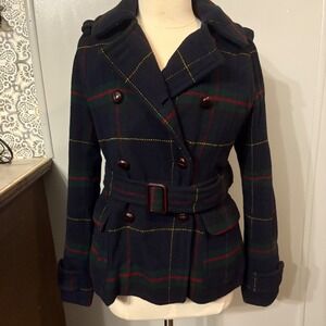 American Eagle Plaid Double Breasted Wool Blend Pea Coat Jacket Women's M